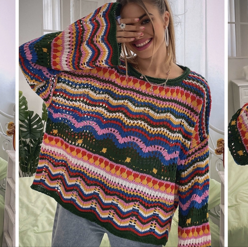 SheIn Chevron Pattern Open Knit Colorblock Sweater - Picture 3 of 7